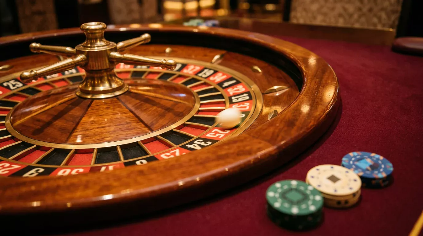 Bola de ruleta en vivo apoyada sobre el tapete con luz suave y monedero virtual sugerido al fondo