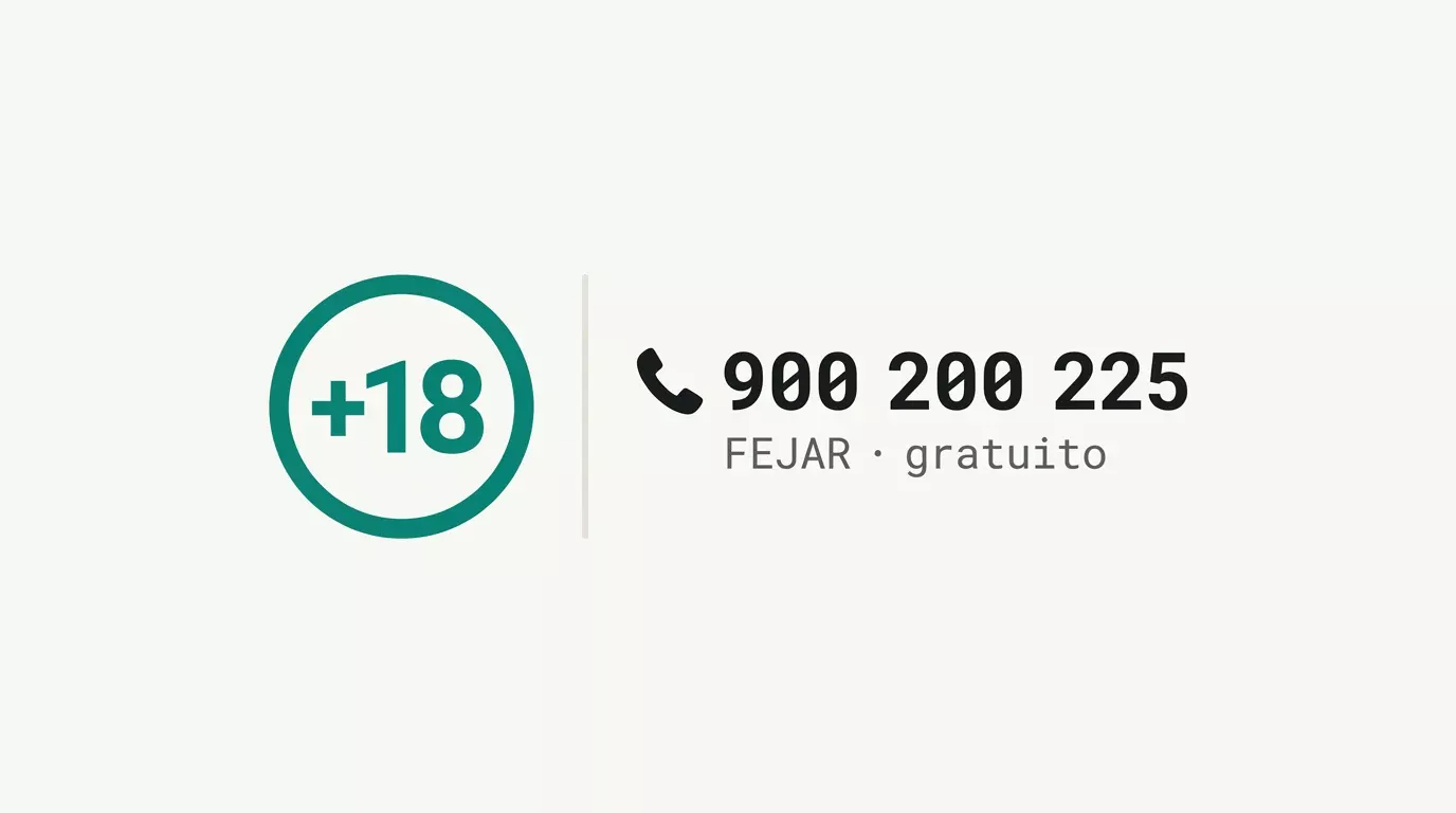 Sello de juego responsable con la indicación 18+ y el teléfono de FEJAR