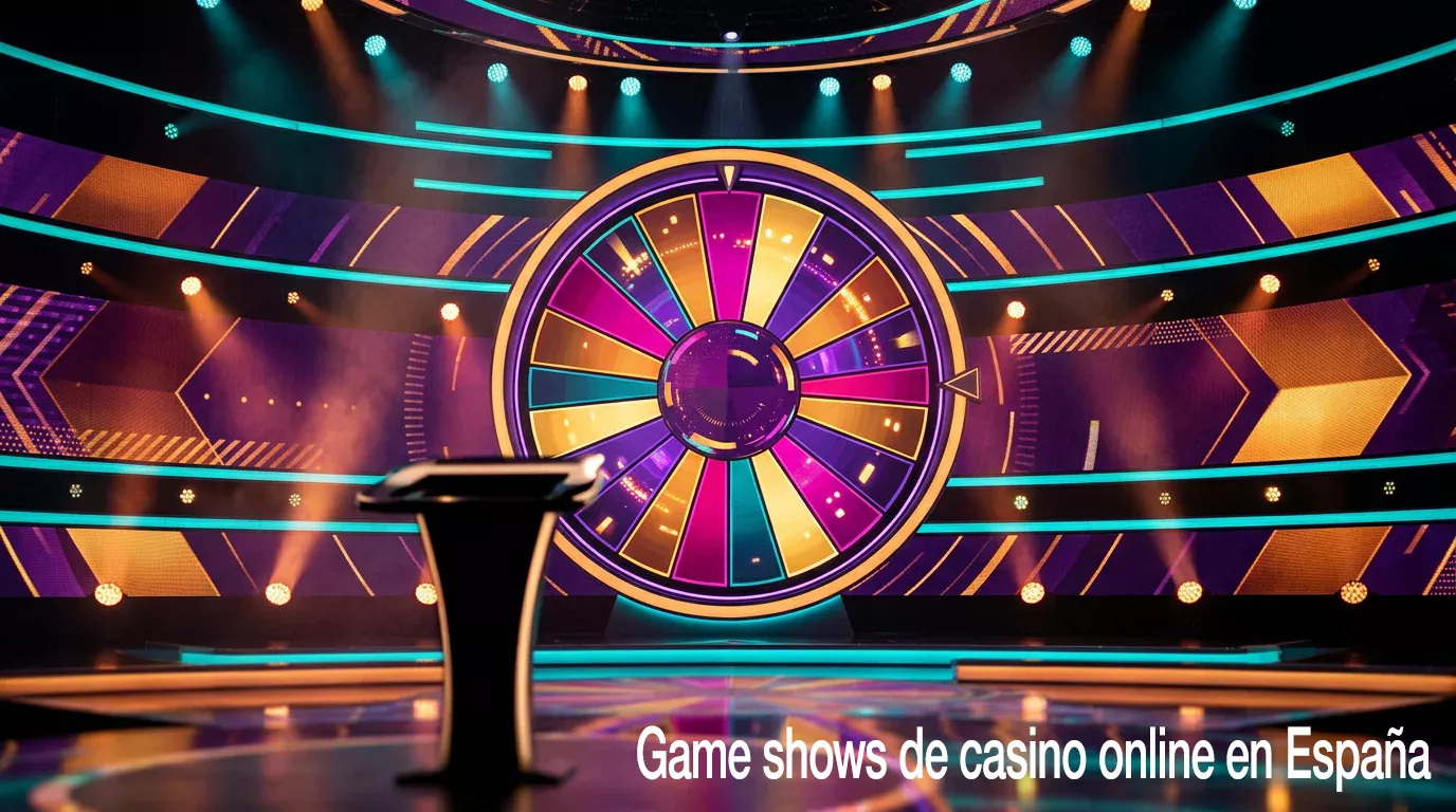 Composición editorial con una rueda de premios de game show y elementos abstractos de plató de televisión