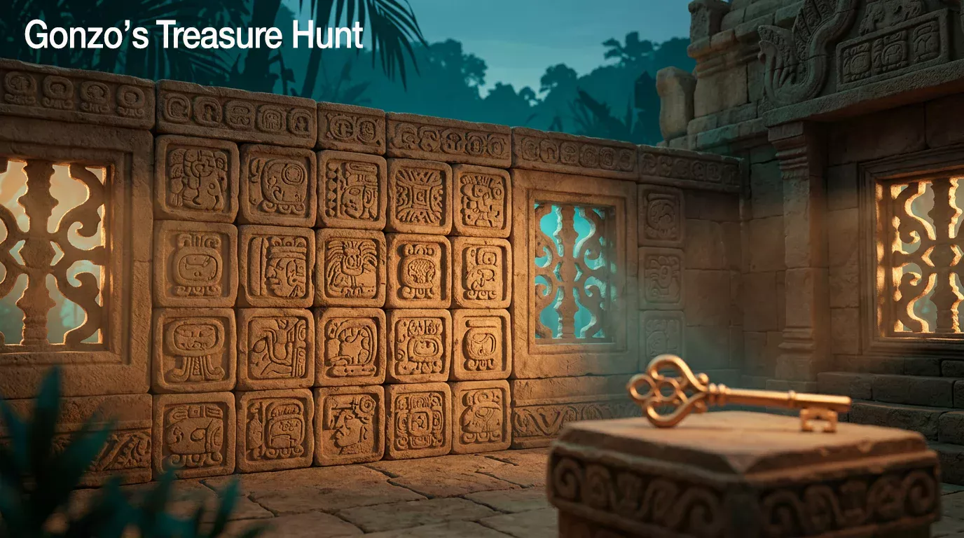 Muro de piedras al estilo precolombino con destellos dorados sugiriendo el game show Gonzo’s Treasure Hunt