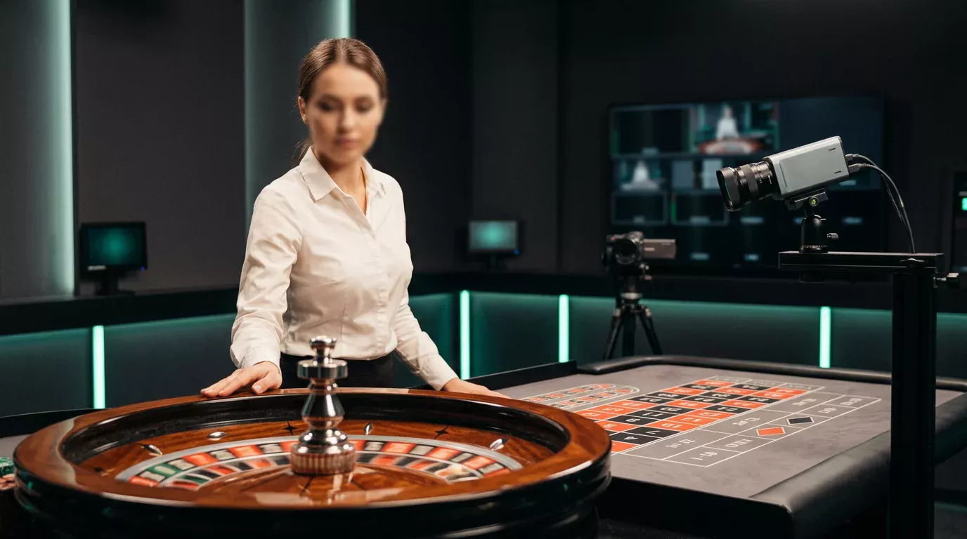 Estudio de casino en vivo con crupier en una mesa de ruleta europea y panel de cámaras HD