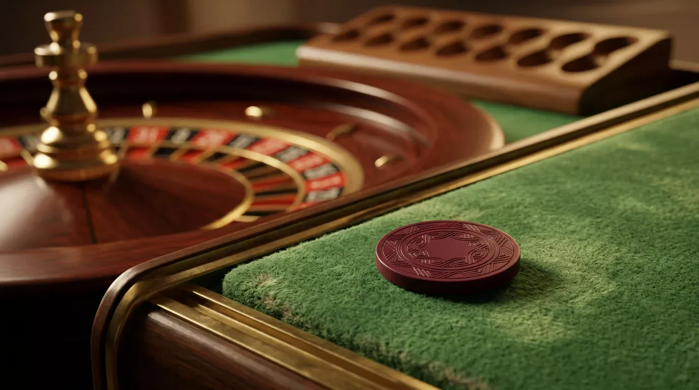 Ficha de baja denominación sobre el borde del tapete de una ruleta, con la rueda desenfocada al fondo