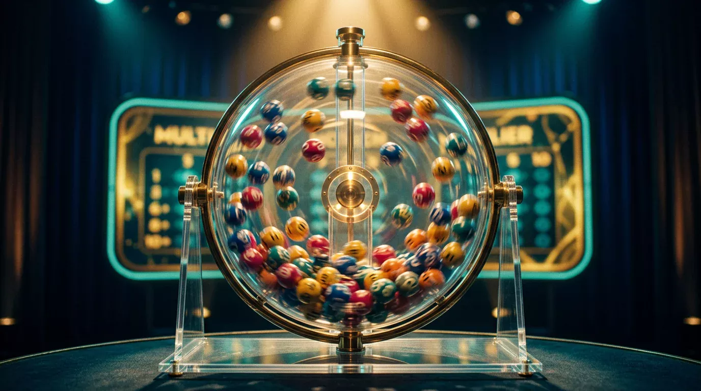 Bola numerada saliendo de un cilindro de extracción con cartones de bingo abstractos al fondo