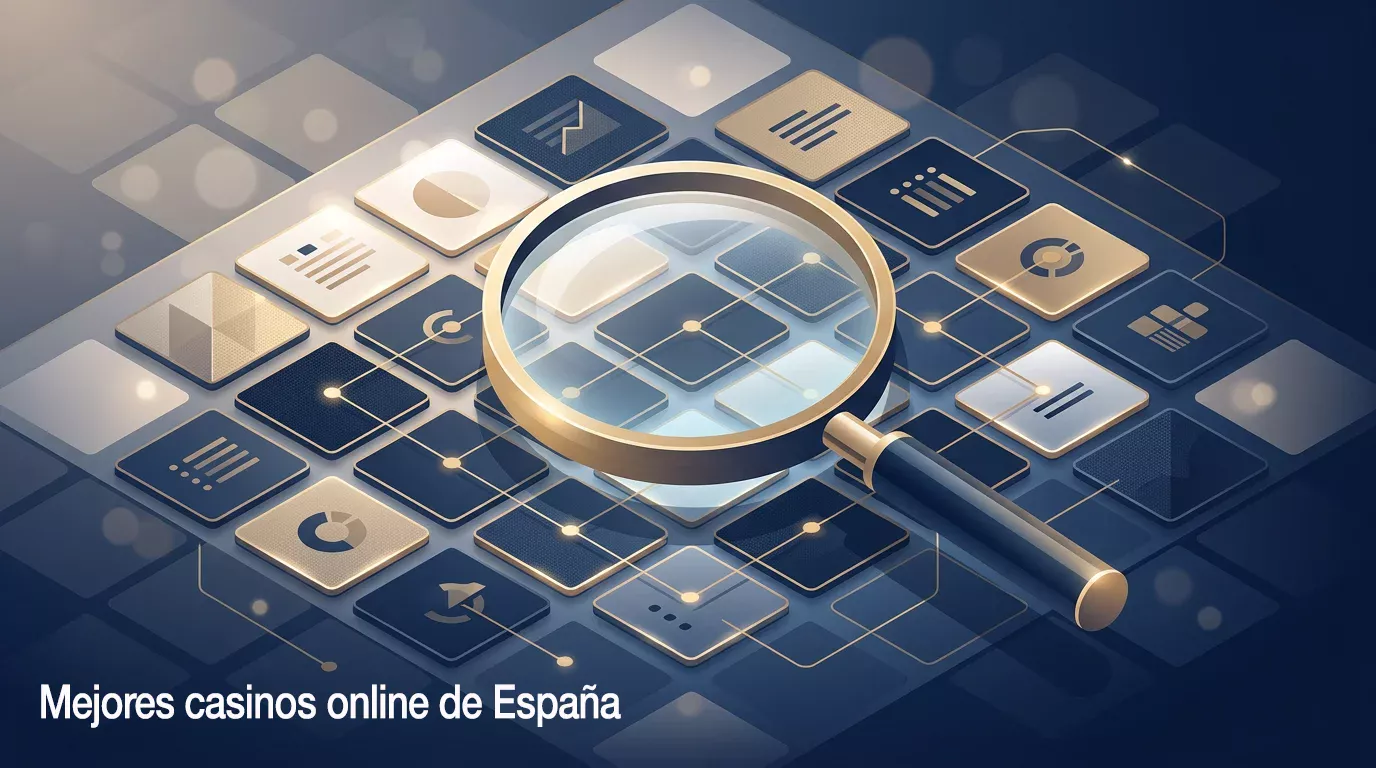 Mosaico abstracto de tarjetas y sellos representando un comparador editorial de casinos online