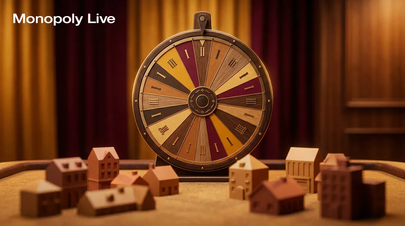 Rueda de la fortuna evocando el tablero clásico del juego Monopoly Live con tonos cálidos