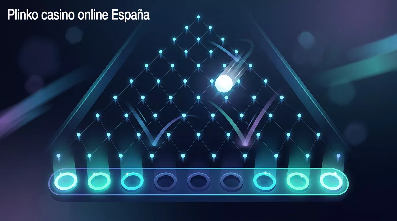 Tablero abstracto con clavijas y trayectoria de una ficha cayendo en zigzag hacia casillas inferiores