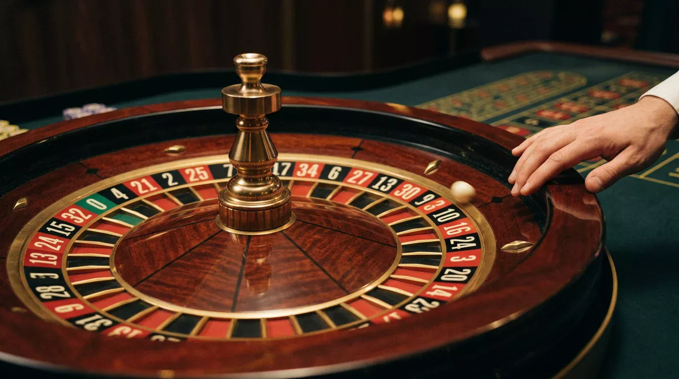 Crupier en directo girando la rueda de la ruleta europea con apuestas visibles en pantalla